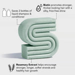 Kitsch Rosemary Volumising Shampoo Bar with text about Biotin, liquid shampoo & conditioner savings, and Rosemary Extract benefits on a light gray background.