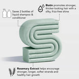 Kitsch Rosemary Volumising Shampoo Bar with text about Biotin, liquid shampoo & conditioner savings, and Rosemary Extract benefits on a light gray background.