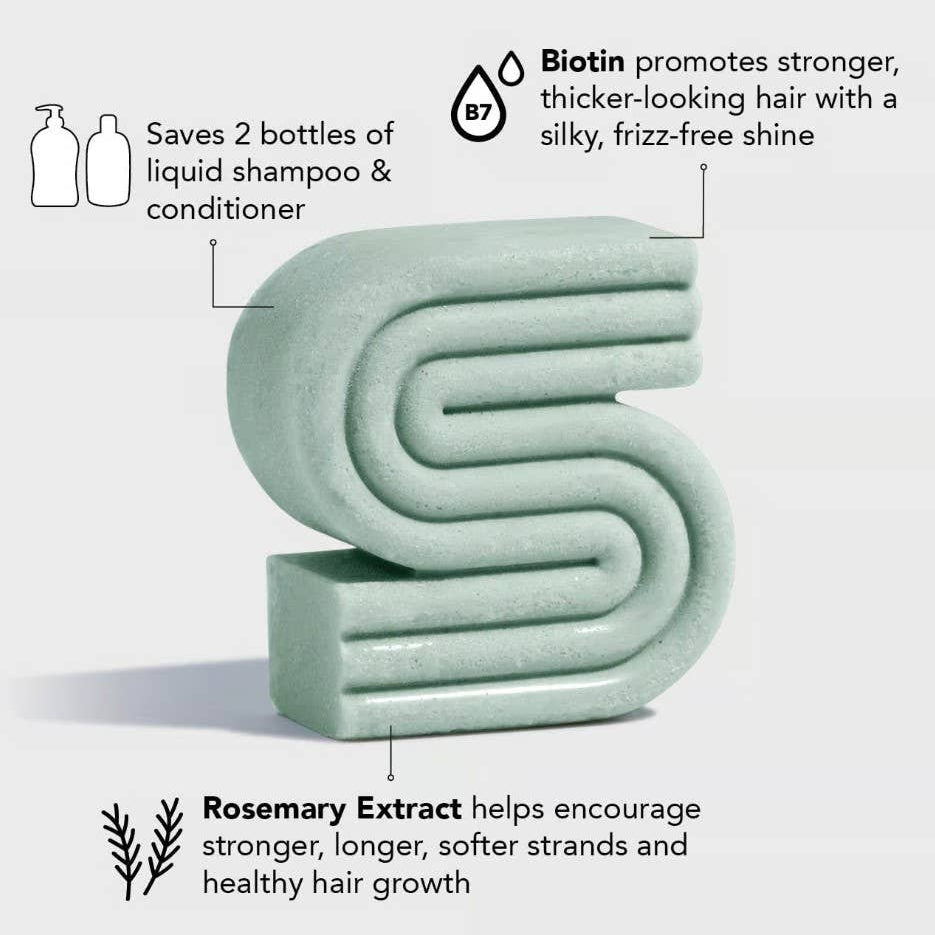 Kitsch Rosemary Volumising Shampoo Bar with text about Biotin, liquid shampoo & conditioner savings, and Rosemary Extract benefits on a light gray background.