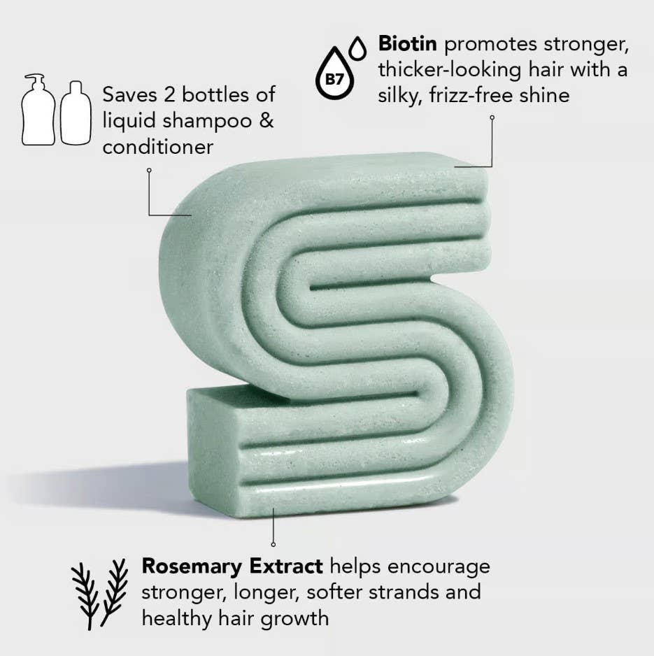 Kitsch Rosemary Volumising Shampoo Bar with text about Biotin, liquid shampoo & conditioner savings, and Rosemary Extract benefits on a light gray background.