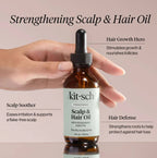 Kitsch Scalp & Hair Oil bottle held by a hand with product features listed on a pink background