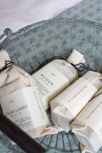 Bars of soap with labels in a woven basket