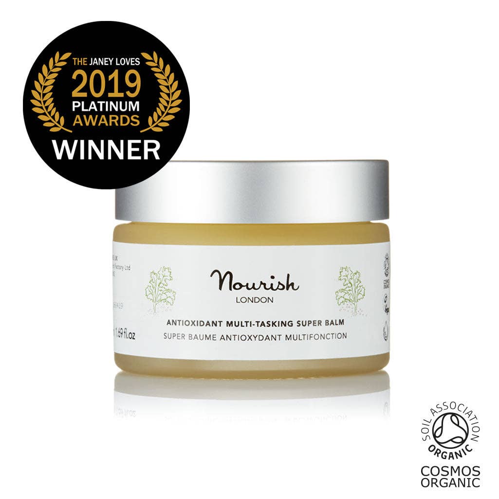 Nourish London balm jar with 2019 Platinum Awards winner badge and Soil Association logo on a white background