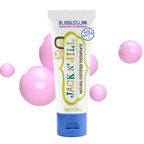 Tube of Jack N' Jill bubblegum-flavored toothpaste with pink bubbles on a white background