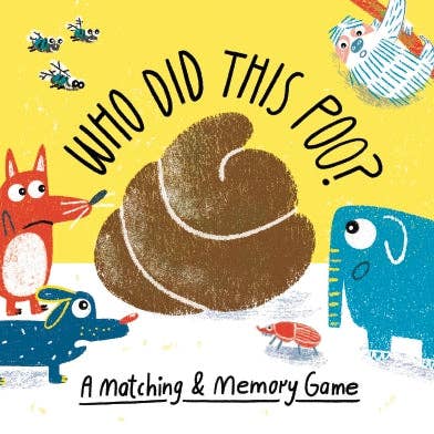 Children's game 'Who Did This Poo?' with animals around a large poop illustration and text.