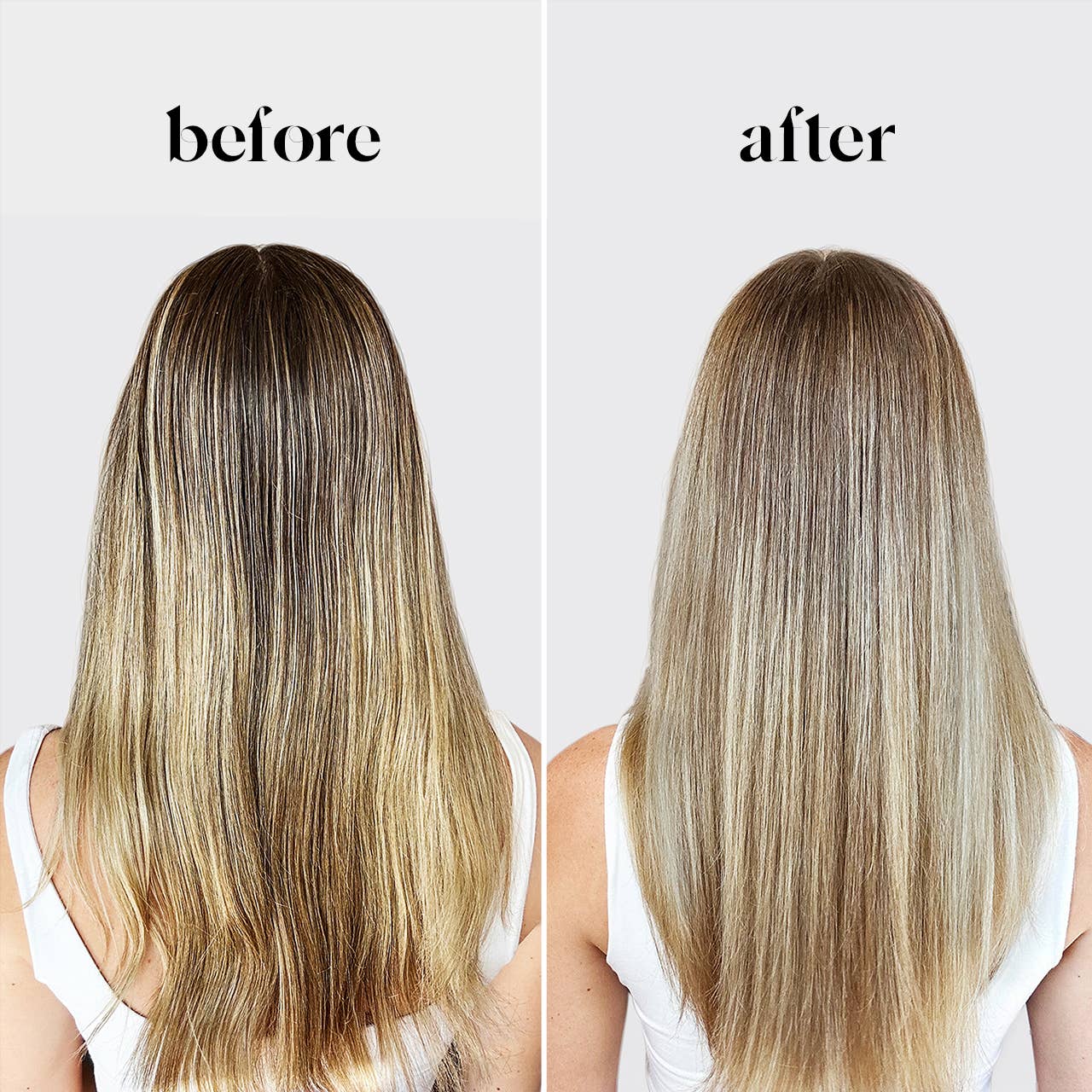 Before and after comparison of bleached blonde hair with a person wearing a white top.