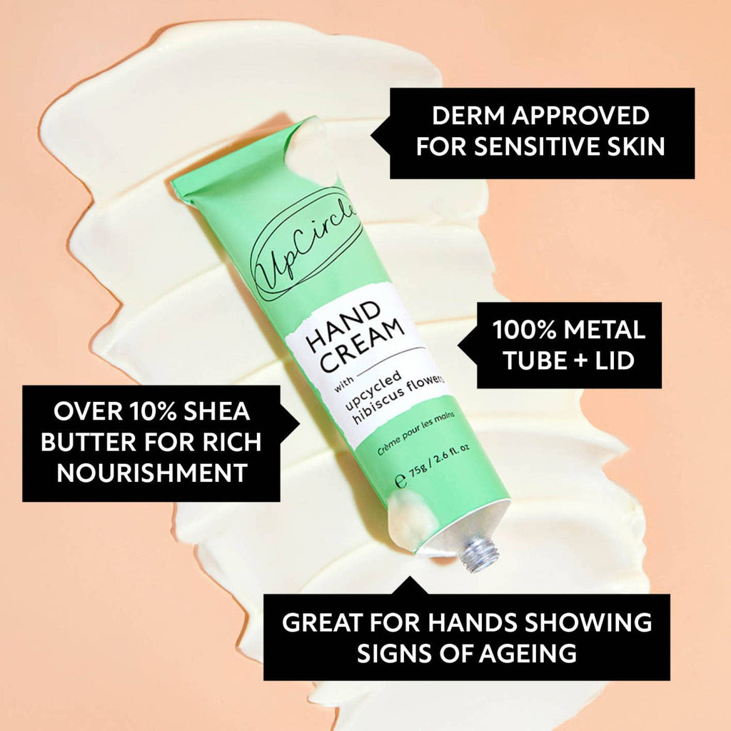 UpCircle hand cream tube with text highlighting benefits and sustainability features on a peach background