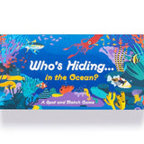 Children's game box titled 'Who's Hiding in the Ocean?' with colorful underwater illustrations on a blue background.