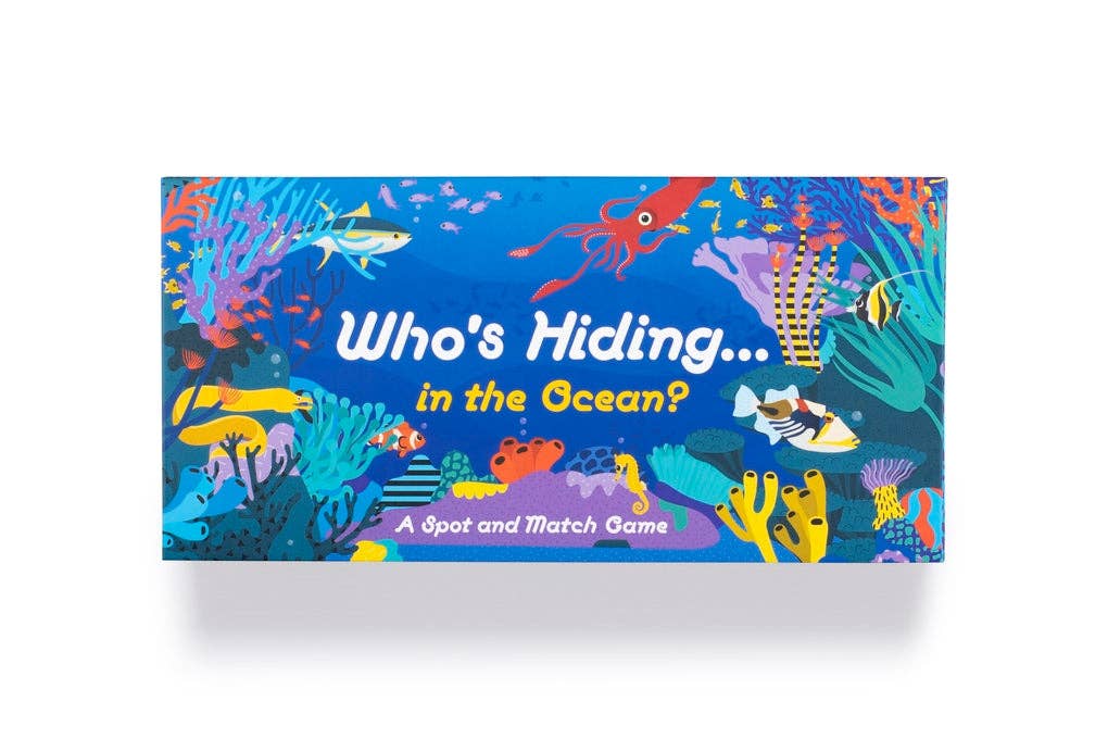 Children's game box titled 'Who's Hiding in the Ocean?' with colorful underwater illustrations on a blue background.