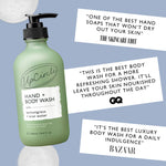 Green bottle of UpCircle hand and body wash with positive reviews from GQ, Harpers Bazaar magazine  and The Skincare Edit, on a light blue background