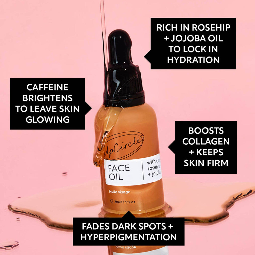 UpCircle Face Oil bottle with dropper on a pink background, featuring text about its ingredients and benefits.