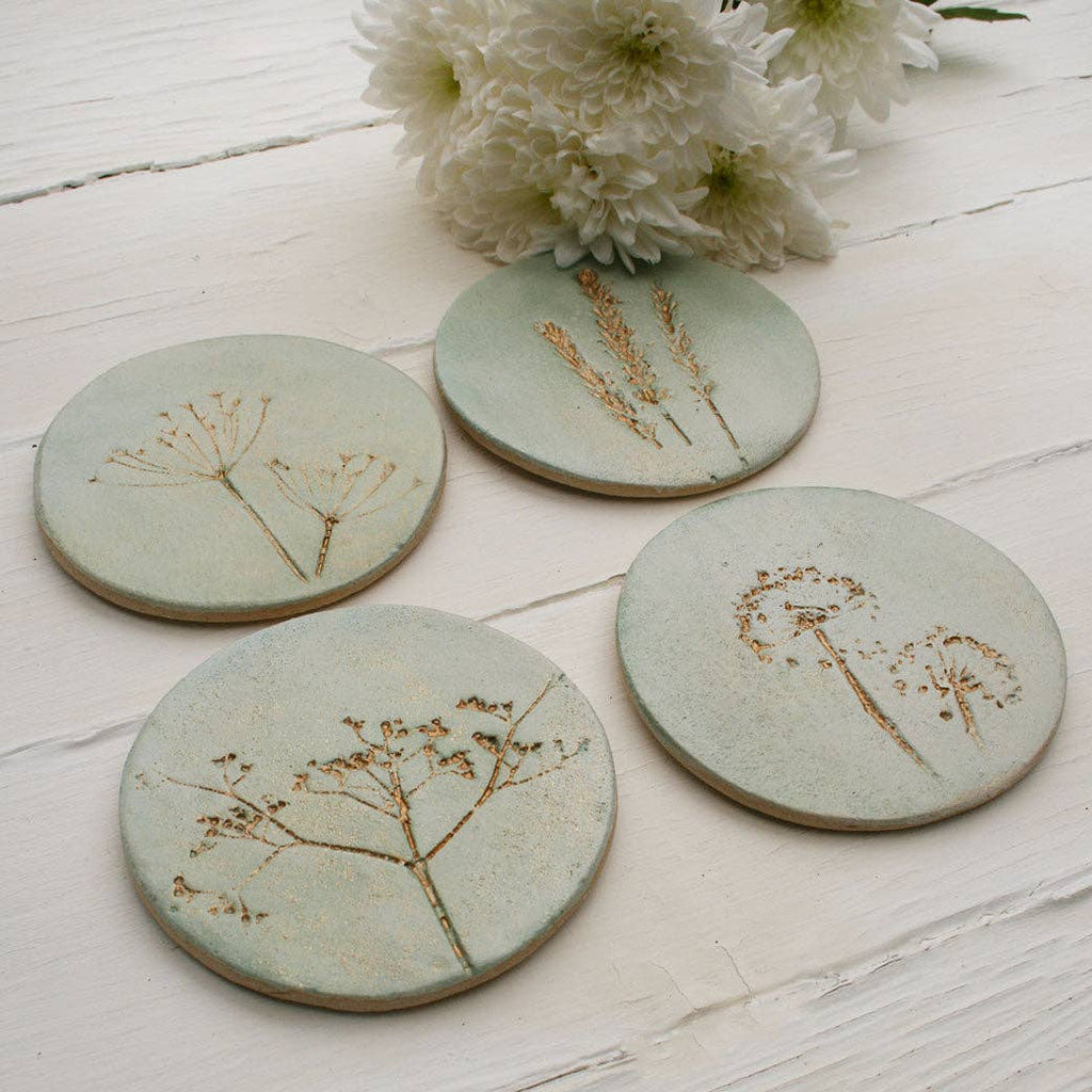 Green and Gold Wild Flower Coasters: Set of 4