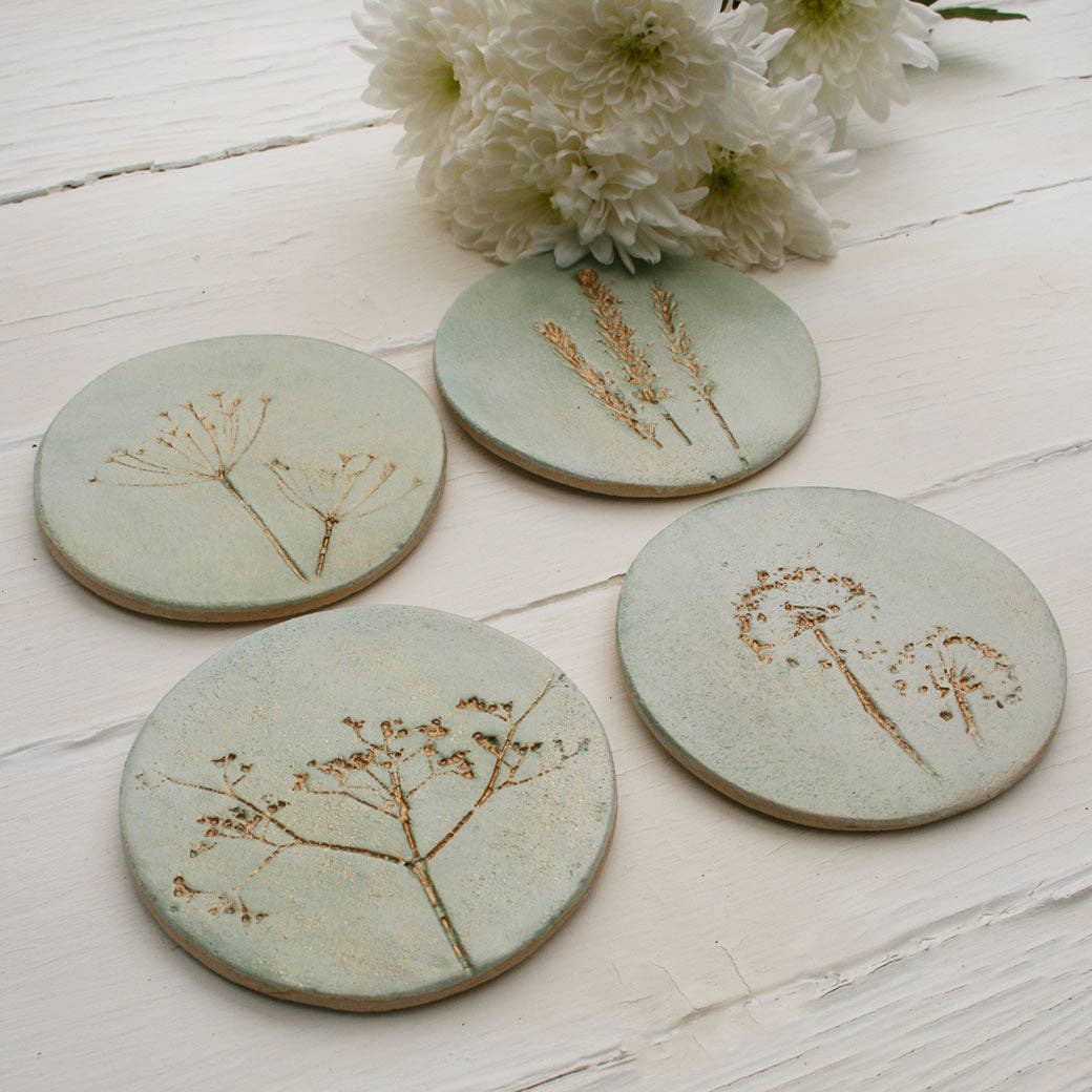 Green and Gold Wild Flower Coasters: Set of 4
