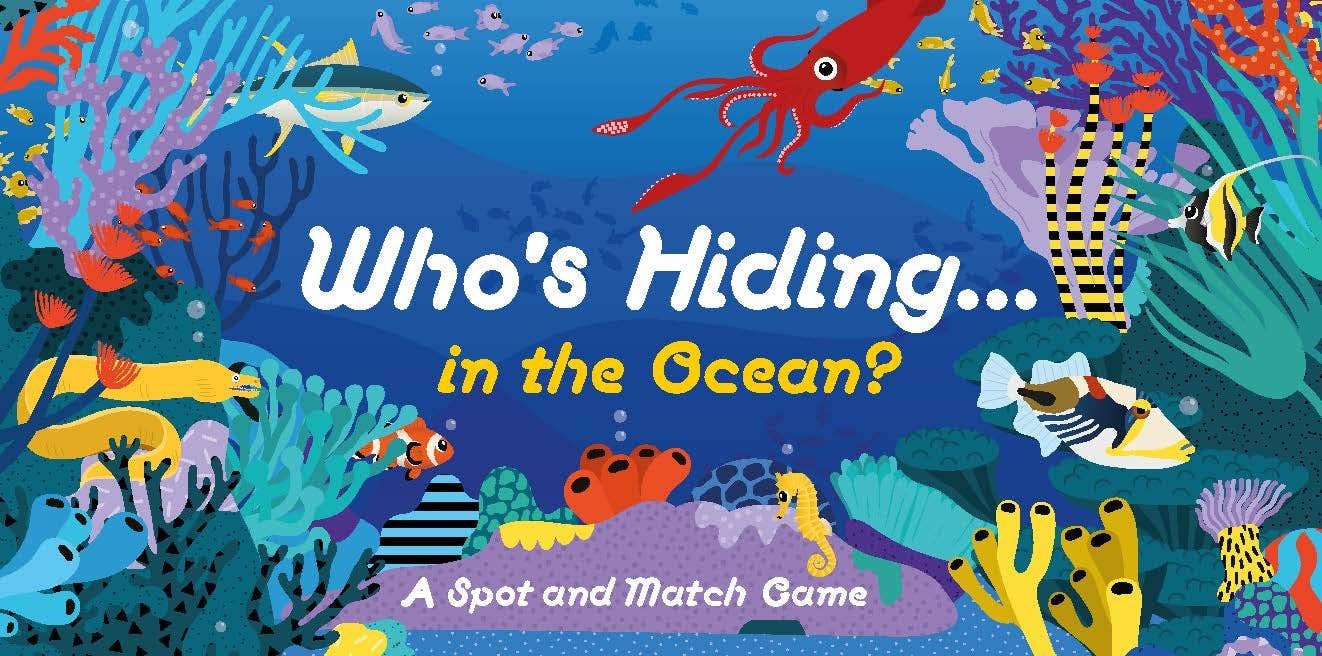 Colorful underwater scene with various sea creatures and text 'Who's Hiding... in the Ocean?'