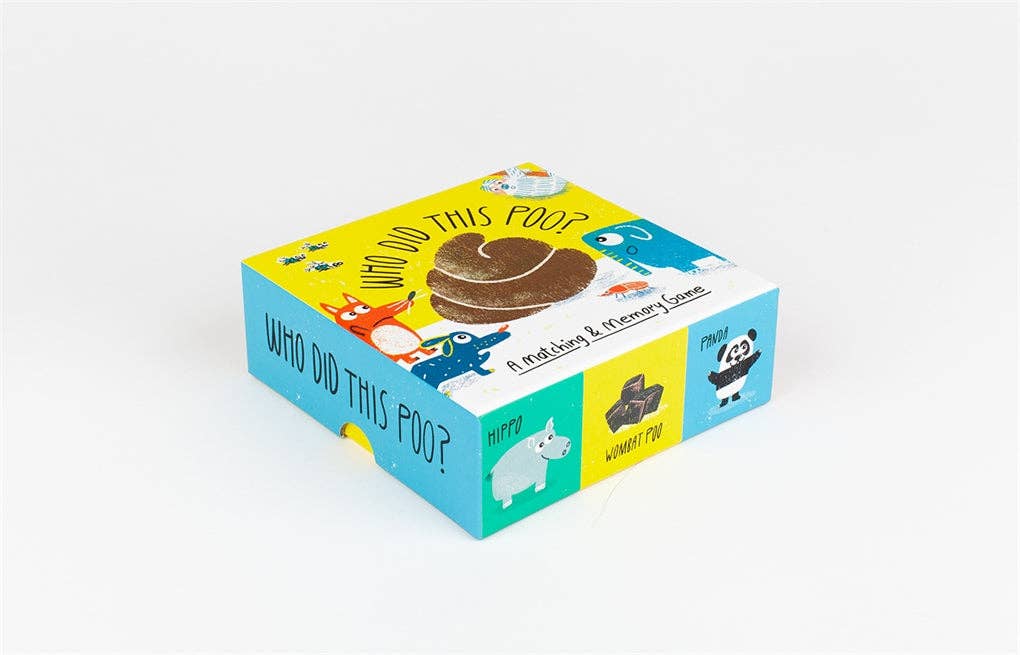 Children's game 'Who Did This Poo?' box with animal illustrations on a white background