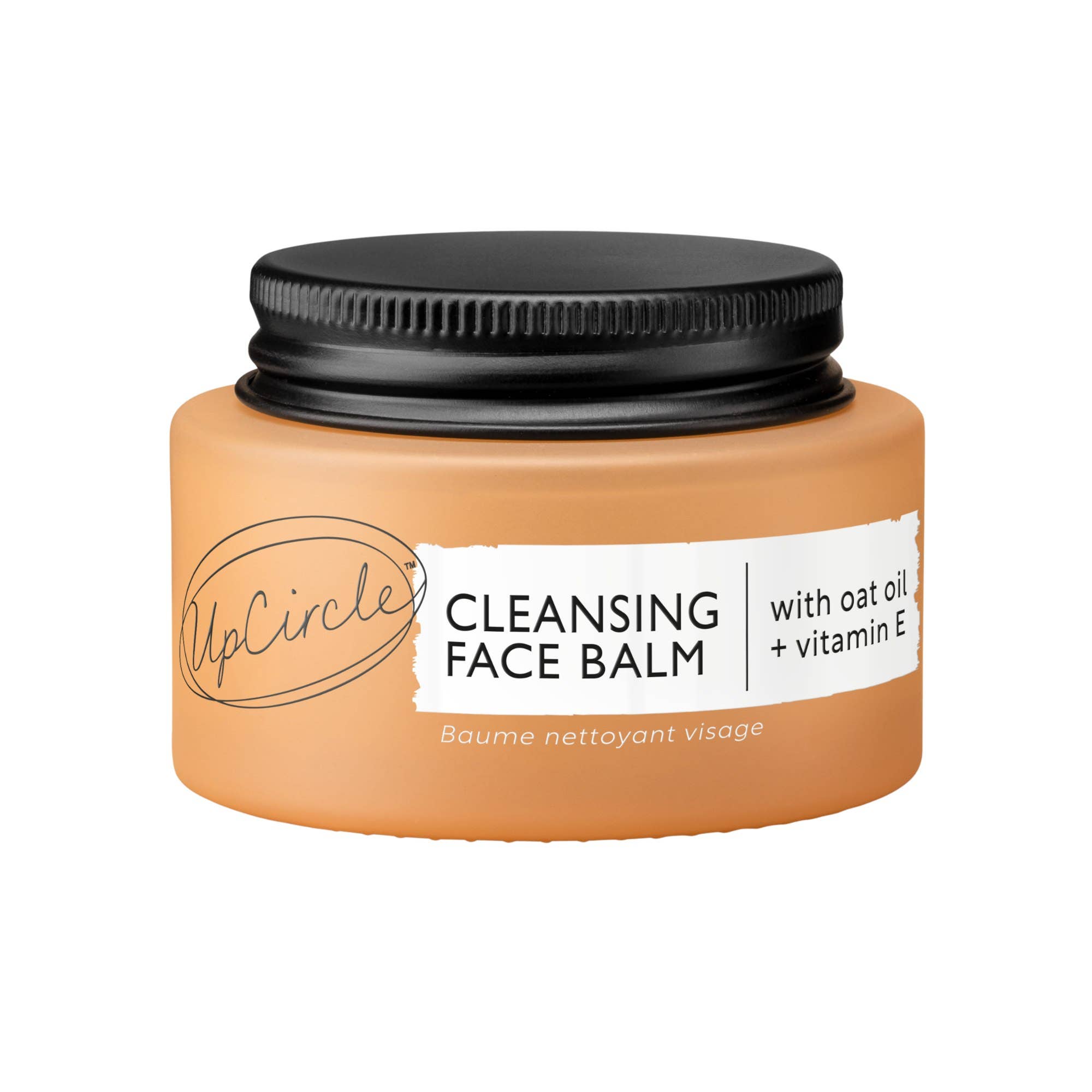 Orange jar with black lid, a visible Upcircle Cleansing Face Balm brand label on a white background