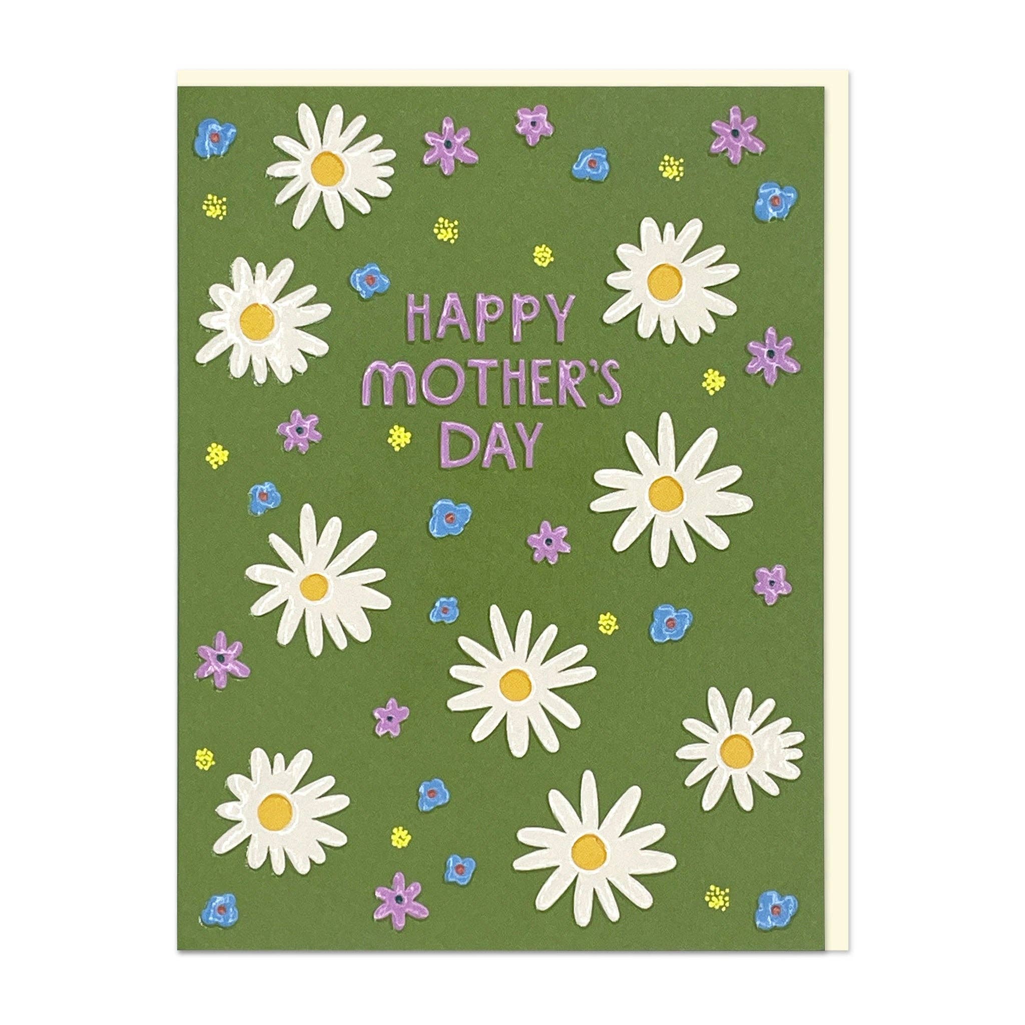 Mother's Day card with daisies and colorful flowers on a green background
