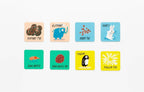 Set of colorful 'Who Did his Poo?' cards with animal illustrations and text on a white background