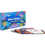Colorful board game box and cards titled 'Who's Hiding in the Ocean' on a white background