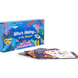 Colorful board game box and cards titled 'Who's Hiding in the Ocean' on a white background