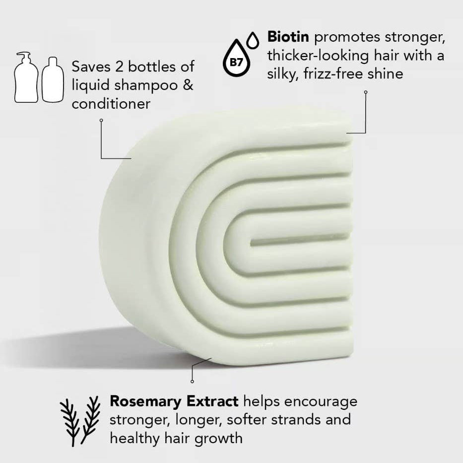 Kitsch Rosemary Volumising Conditioner Bar with text about biotin, rosemary extract, and savings on shampoo and conditioner.