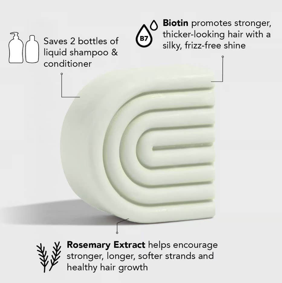 Kitsch Rosemary Volumising Conditioner Bar with text about biotin, rosemary extract, and savings on shampoo and conditioner.