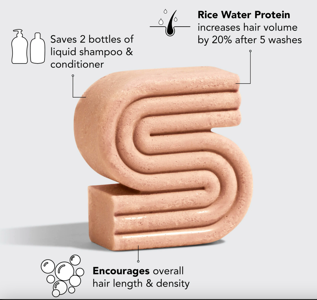 Kitsch Rice Water Protein solid shampoo bar with text highlighting benefits on a light gray background