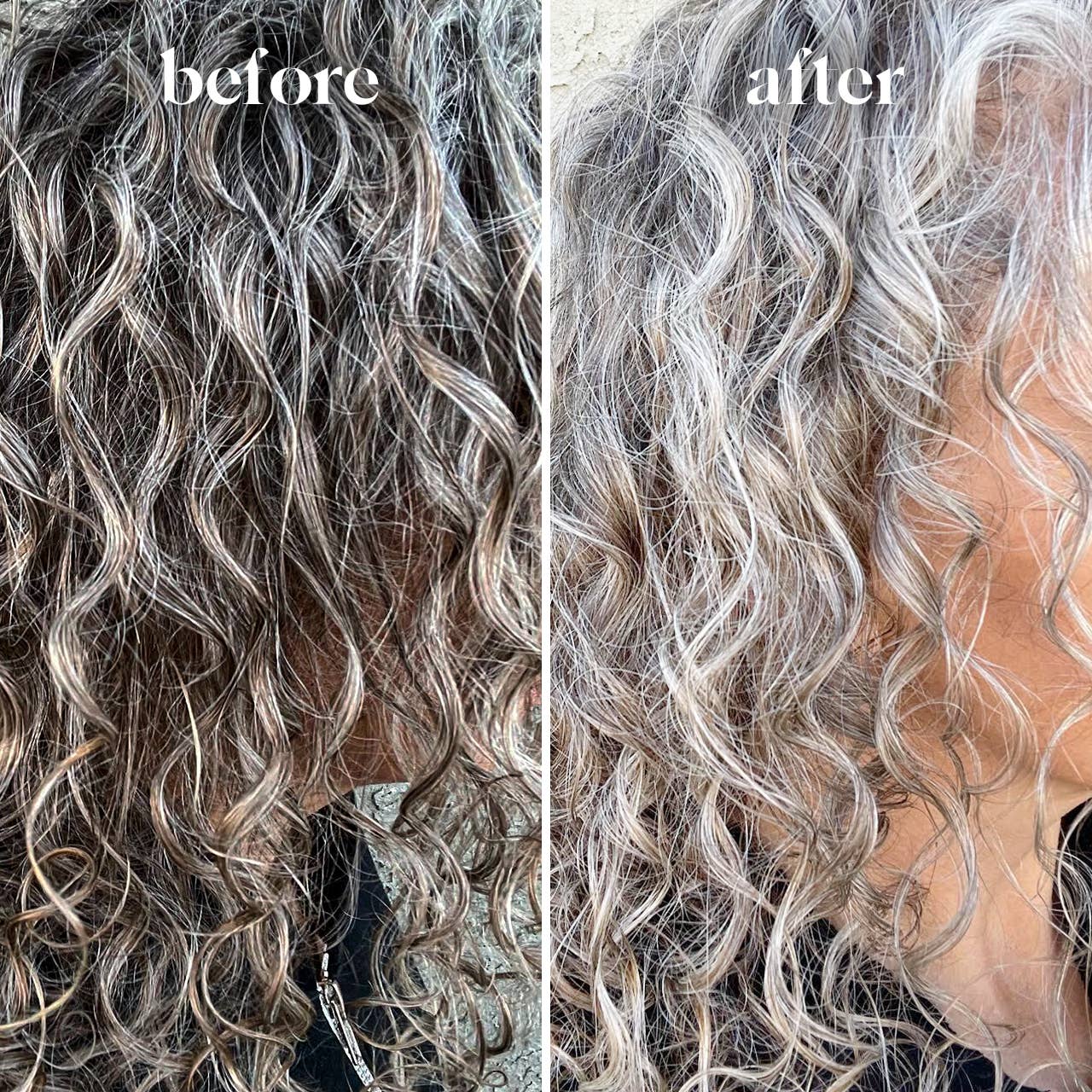 Before and after comparison of wavy hair with gray roots.