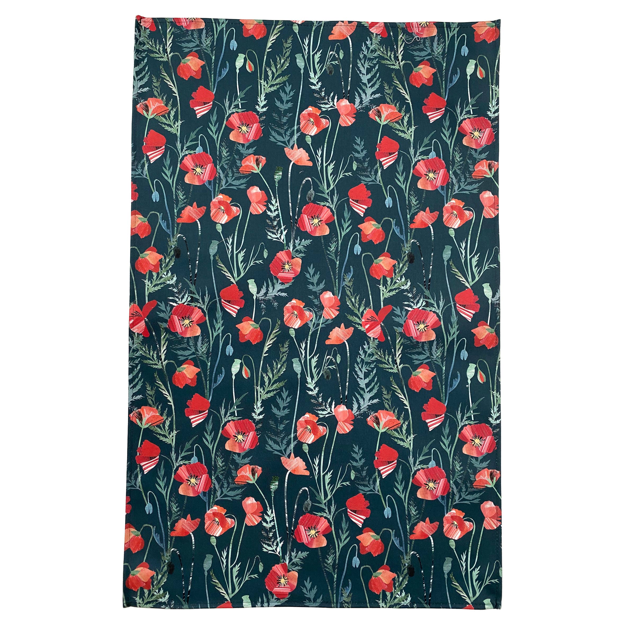 Floral patterned towel with red poppy flowers on a dark blue background